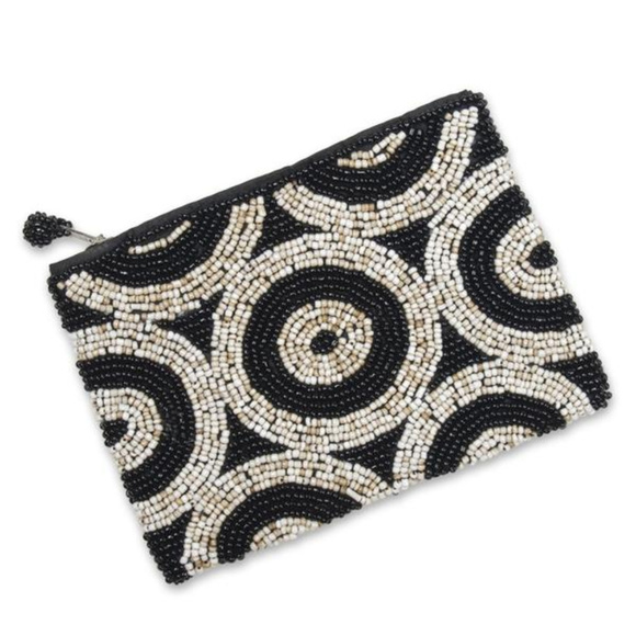 Beaded Circles Coin Purse in Black and White - Picture 1 of 4